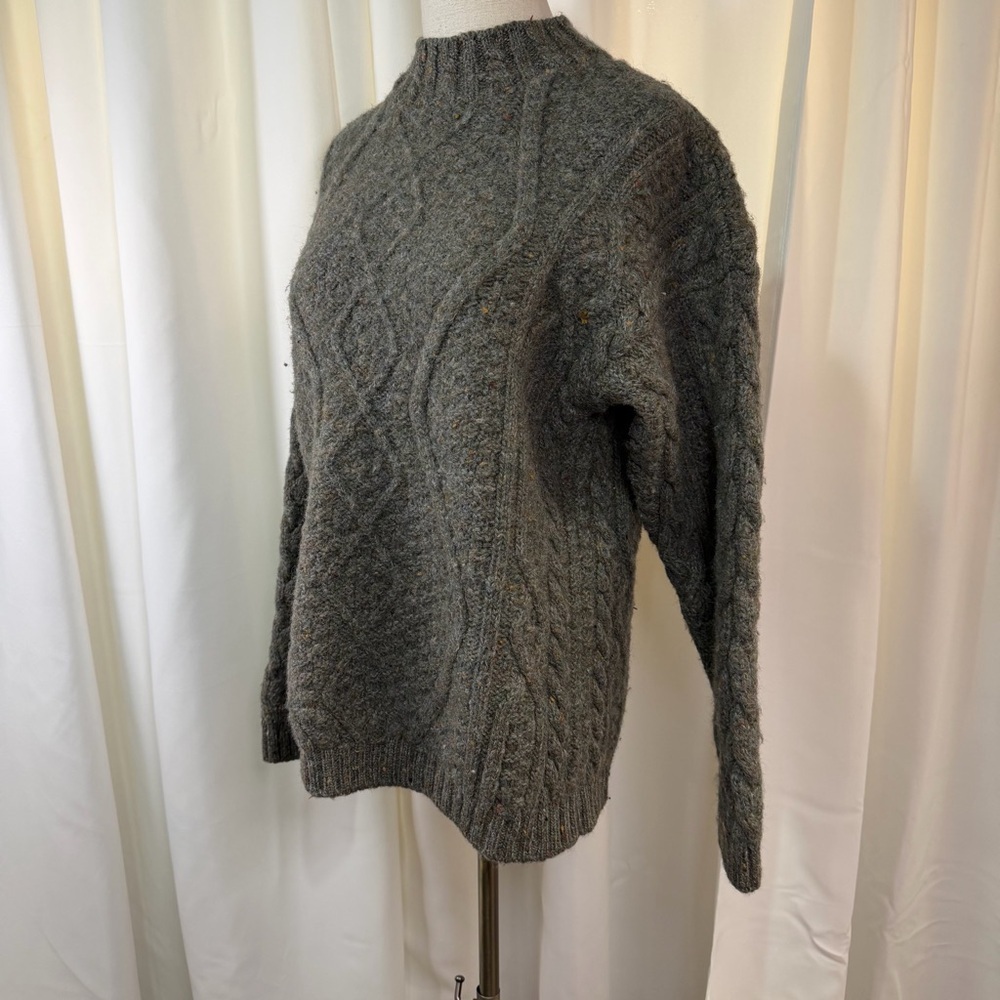 West Highland Woollens Scottish Wool Cable Knit Mock-Neck Sweater in Green/Gray - Picture 5 of 15